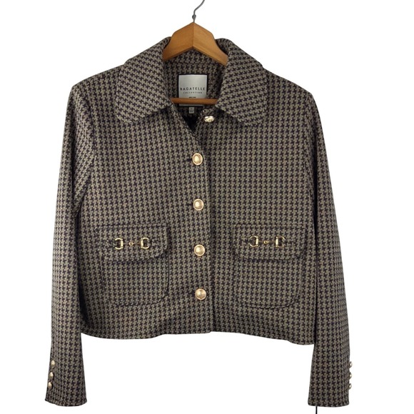 Bagatelle Cropped Houndstooth Jacket Gold Button Equestrian Blazer Size Small - Picture 2 of 12